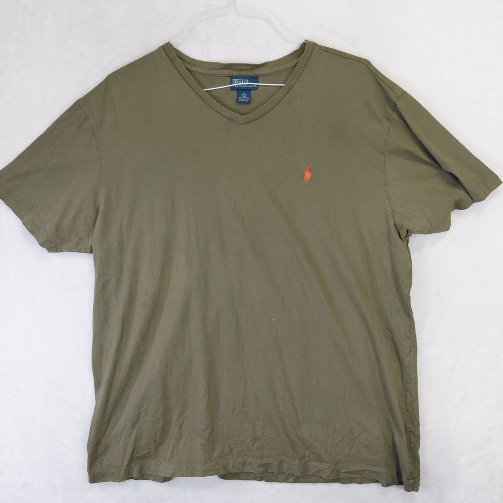 Polo Ralph Lauren Mens XL V-Neck T-Shirt Olive Green Orange Pony‎ Logo Cotton